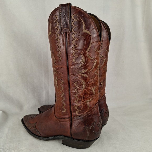 Boulet Embroidered Leather 2 Tones Brown Cowboy Western Boots Size 5 - Picture 3 of 16
